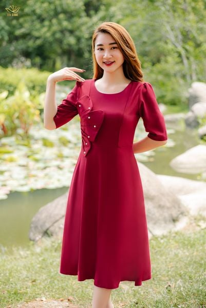 Đầm xòe - Cổ tròn tay lỡ kết hoa - AH - Đỏ Đô - TTV1365