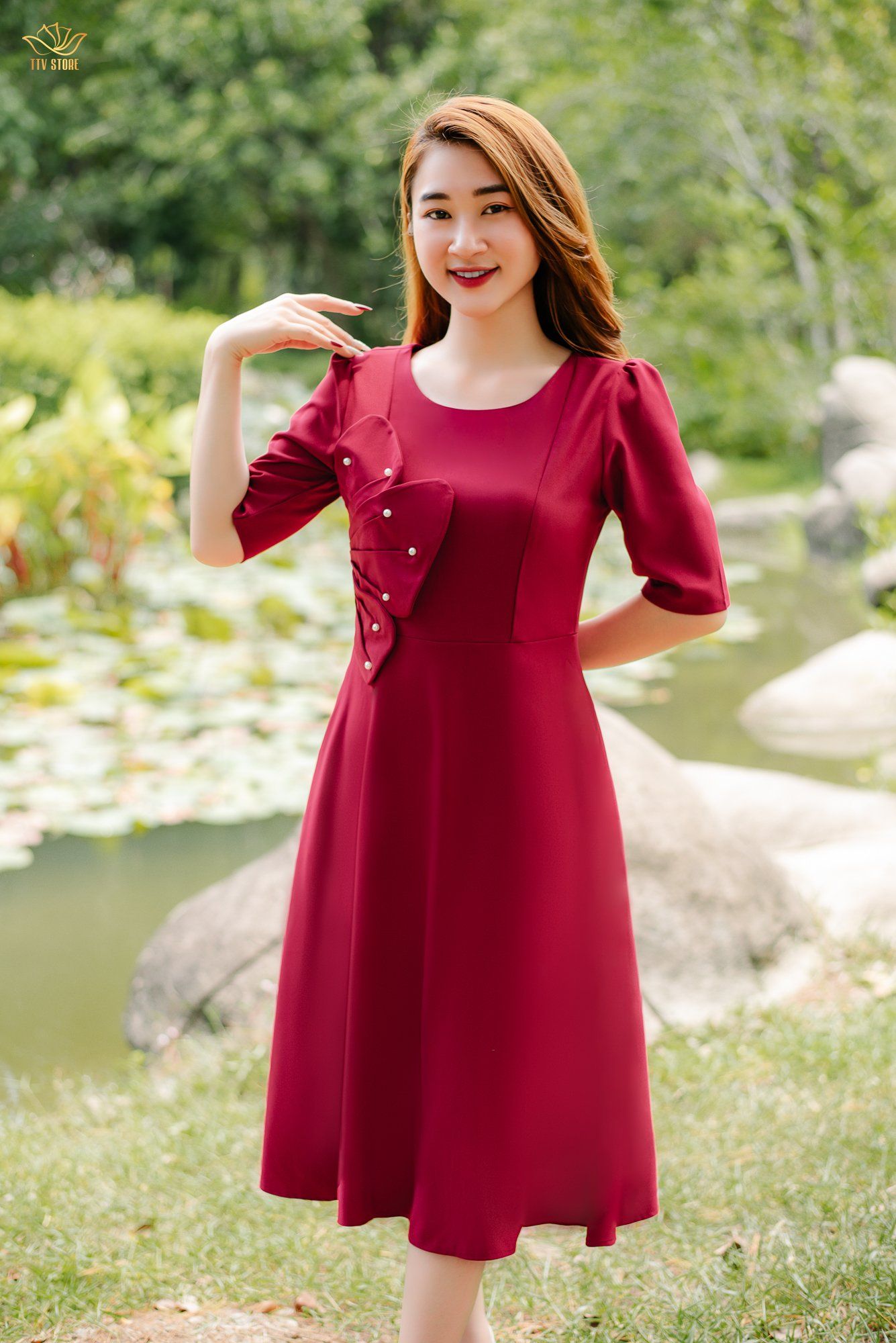 Đầm xòe - Cổ tròn tay lỡ kết hoa - AH - Đỏ Đô - TTV1365