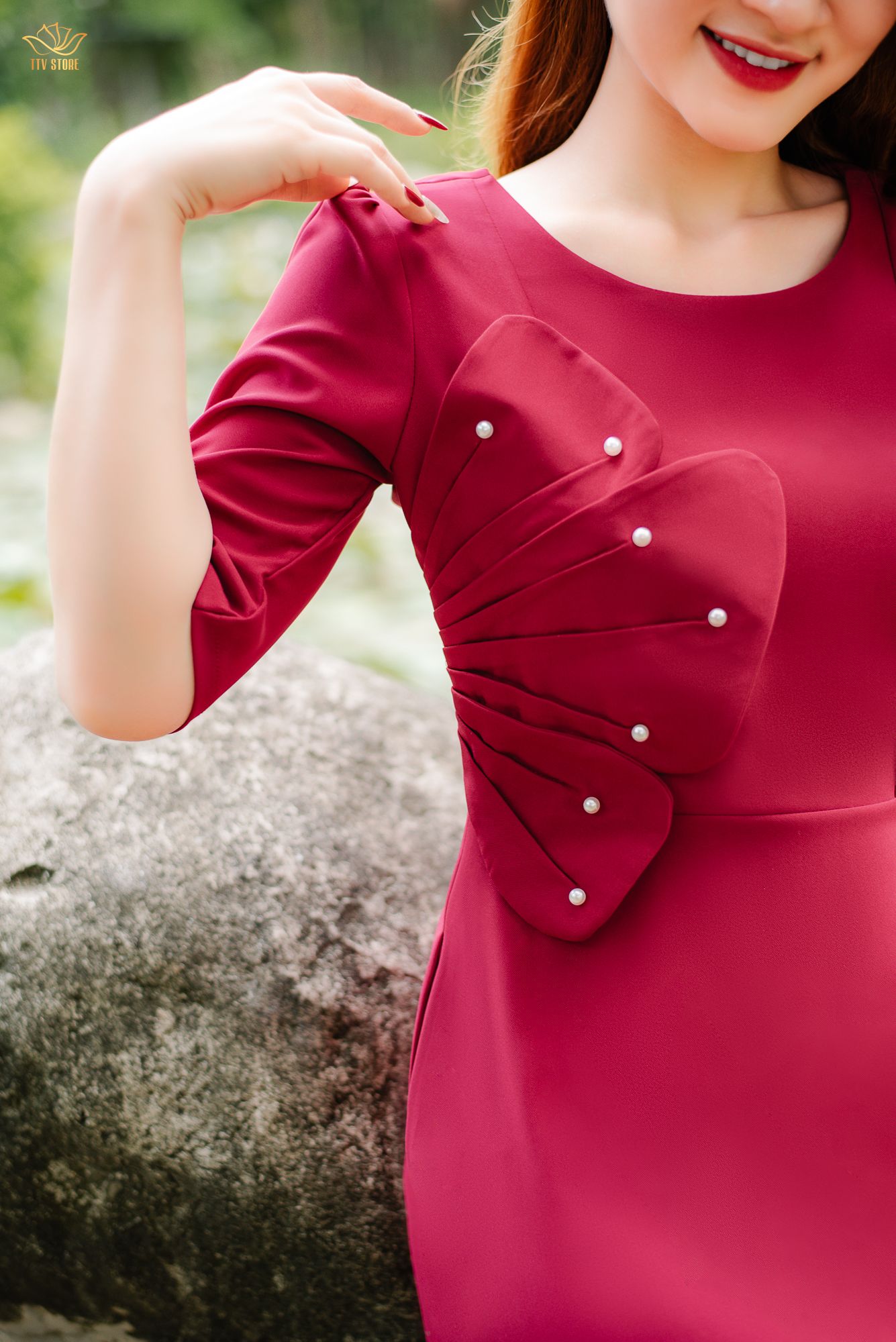 Đầm xòe - Cổ tròn tay lỡ kết hoa - AH - Đỏ Đô - TTV1365