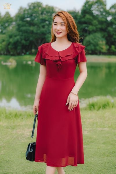 Đầm xòe - Cổ tim bèo tay ngắn - AH - Đỏ Đô - TTV1385