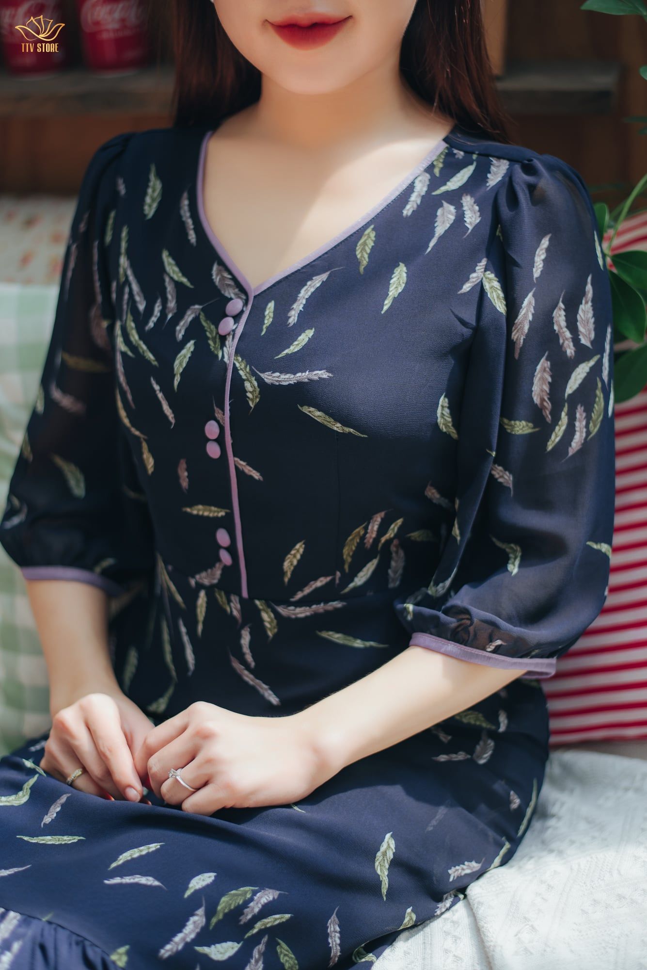 Đầm xòe - Cổ tim kết nút tay lỡ - CD - Xanh họa tiết - TTV1603