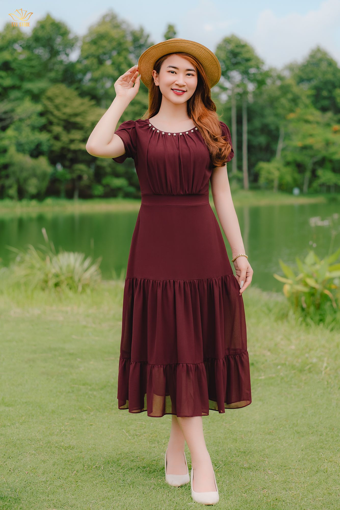 Đầm Maxi - Cổ tròn kết ngọc tay búp - CD - Đỏ mận - TTV1384