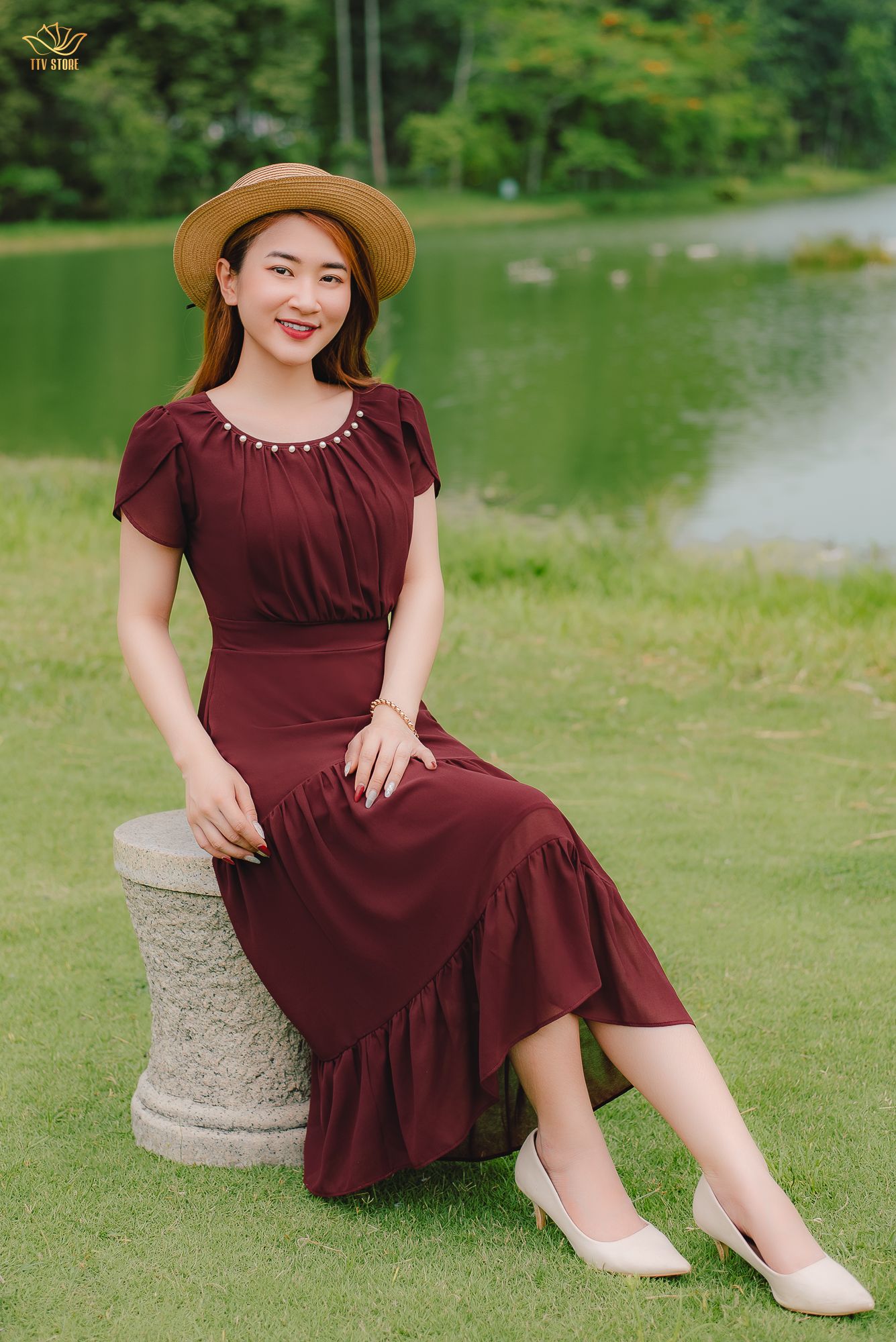 Đầm Maxi - Cổ tròn kết ngọc tay búp - CD - Đỏ mận - TTV1384