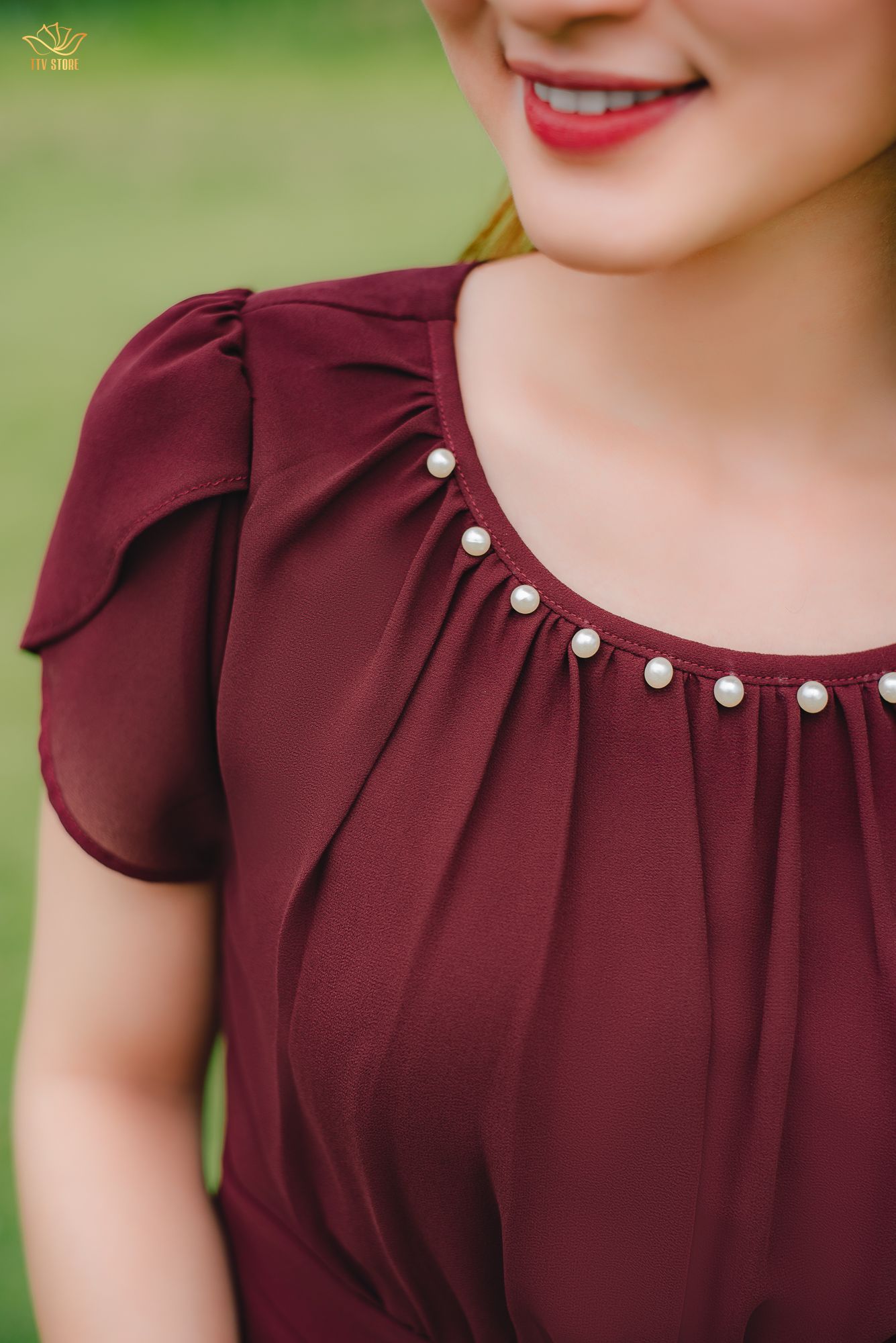 Đầm Maxi - Cổ tròn kết ngọc tay búp - CD - Đỏ mận - TTV1384