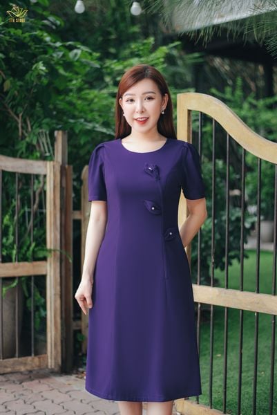 Đầm suông - Cổ tròn kết hoa tay ngắn - CV - Tím huế - TTV1614