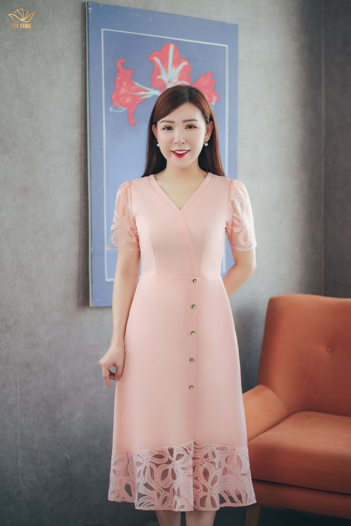 Đầm form A - Cổ tim đắp chéo kết nút tay ngắn - AH - Hồng cam - TTV1591