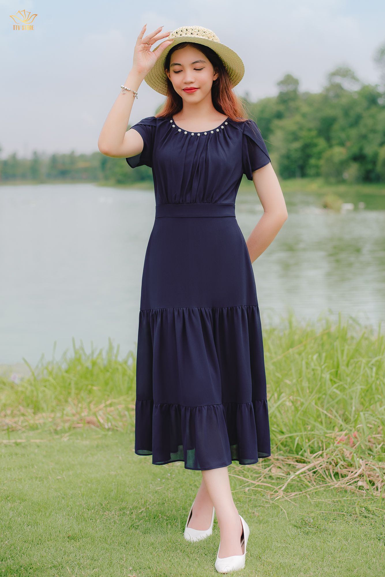 Đầm Maxi - Cổ tròn kết ngọc tay búp - CD - Xanh tím - TTV1384