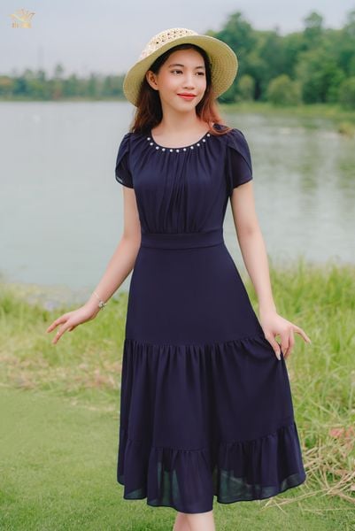 Đầm Maxi - Cổ tròn kết ngọc tay búp - CD - Xanh tím - TTV1384