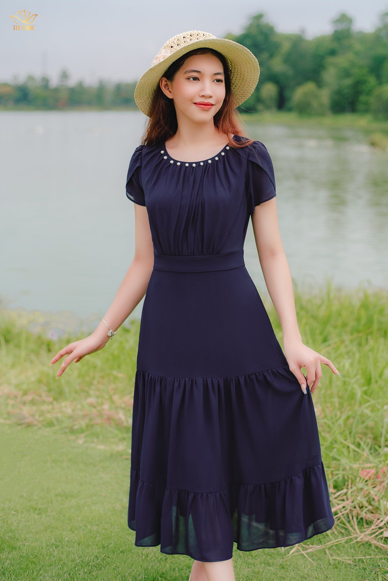 Đầm Maxi - Cổ tròn kết ngọc tay búp - CD - Xanh tím - TTV1384