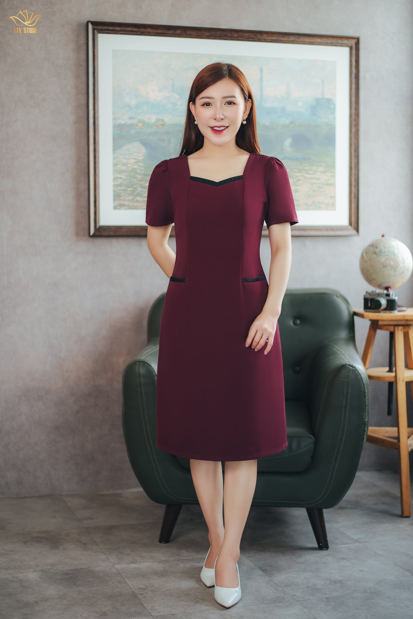 Đầm suông - Cổ vuông tim tay ngắn - CT - Đỏ rượu - TTV1589