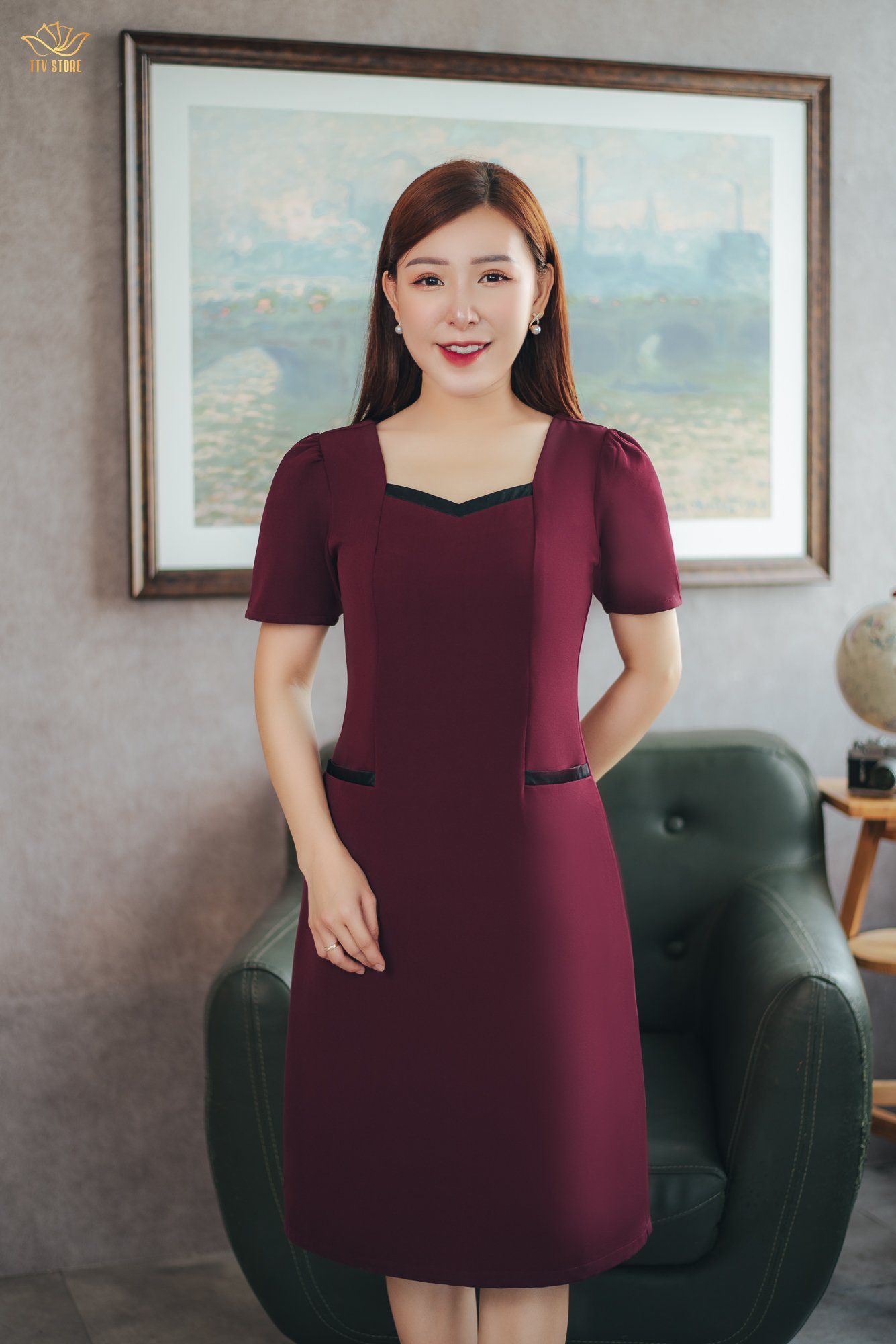 Đầm suông - Cổ vuông tim tay ngắn - CT - Đỏ rượu - TTV1589
