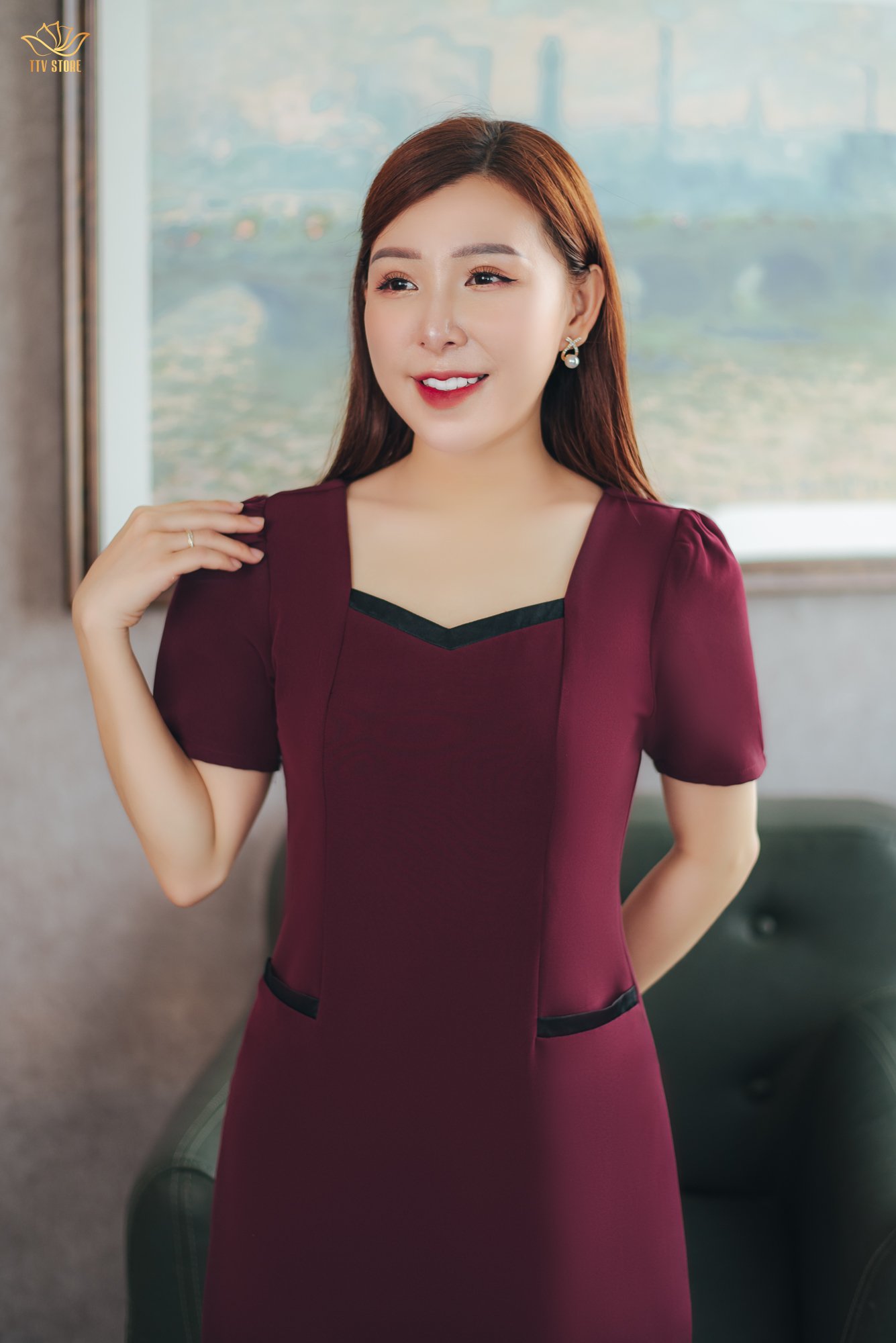 Đầm suông - Cổ vuông tim tay ngắn - CT - Đỏ rượu - TTV1589