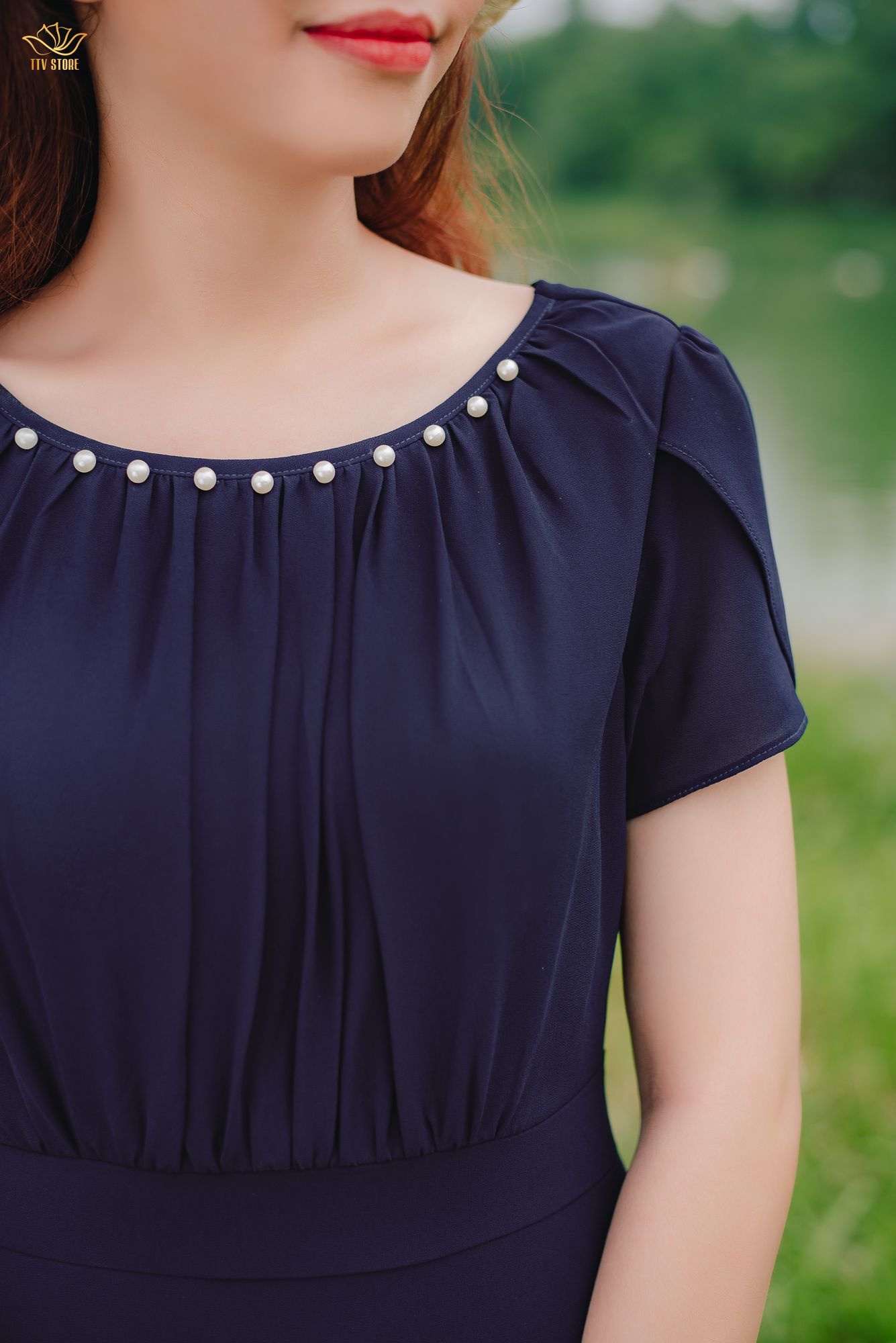 Đầm Maxi - Cổ tròn kết ngọc tay búp - CD - Xanh tím - TTV1384