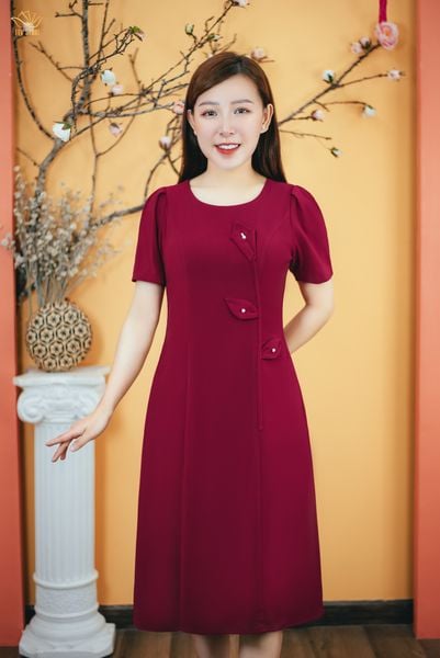 Đầm suông - Cổ tròn kết hoa tay ngắn - CV - Đỏ đô - TTV1614