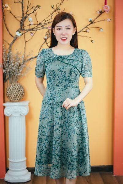 Đầm xòe - Cổ tròn kết hoa tay ngắn - CD - Xanh hoa - TTV1647