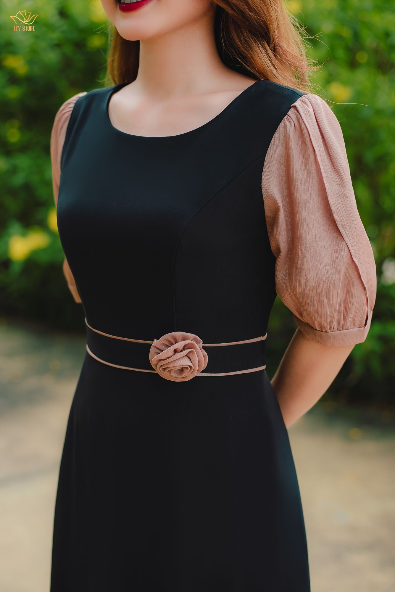 Đầm xòe - Cổ tròn tay lỡ - CV - Đen Nâu - TTV1378#