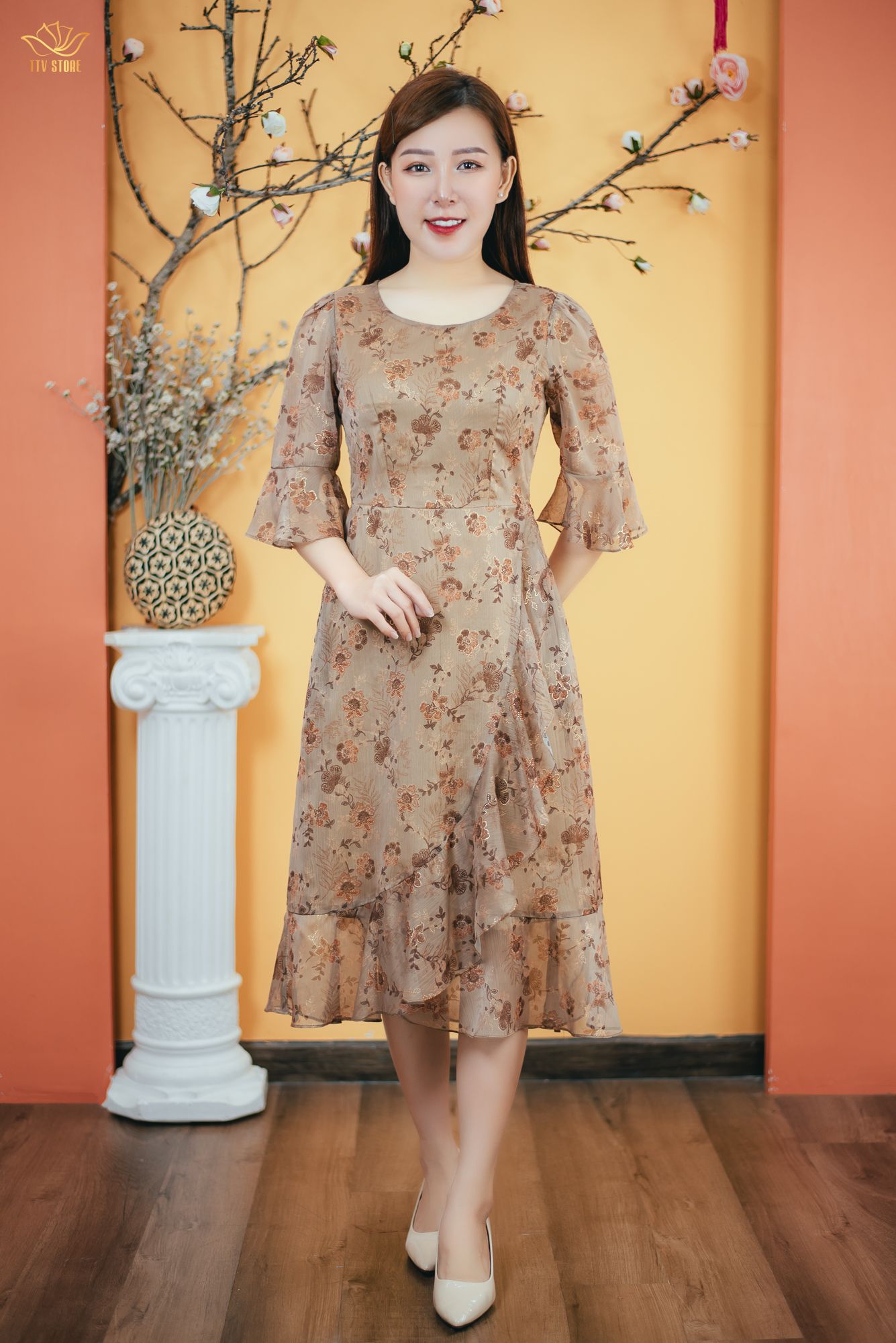 Đầm form A - Cổ tròn tay chuông - CT - Nâu hoa - TTV1627