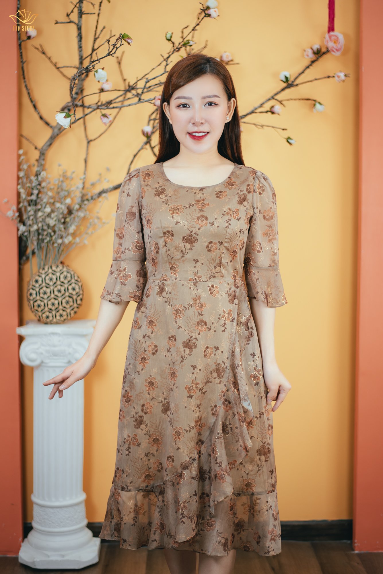 Đầm form A - Cổ tròn tay chuông - CT - Nâu hoa - TTV1627
