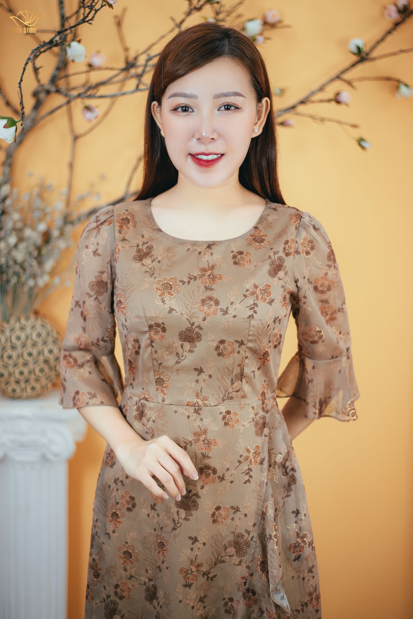 Đầm form A - Cổ tròn tay chuông - CT - Nâu hoa - TTV1627