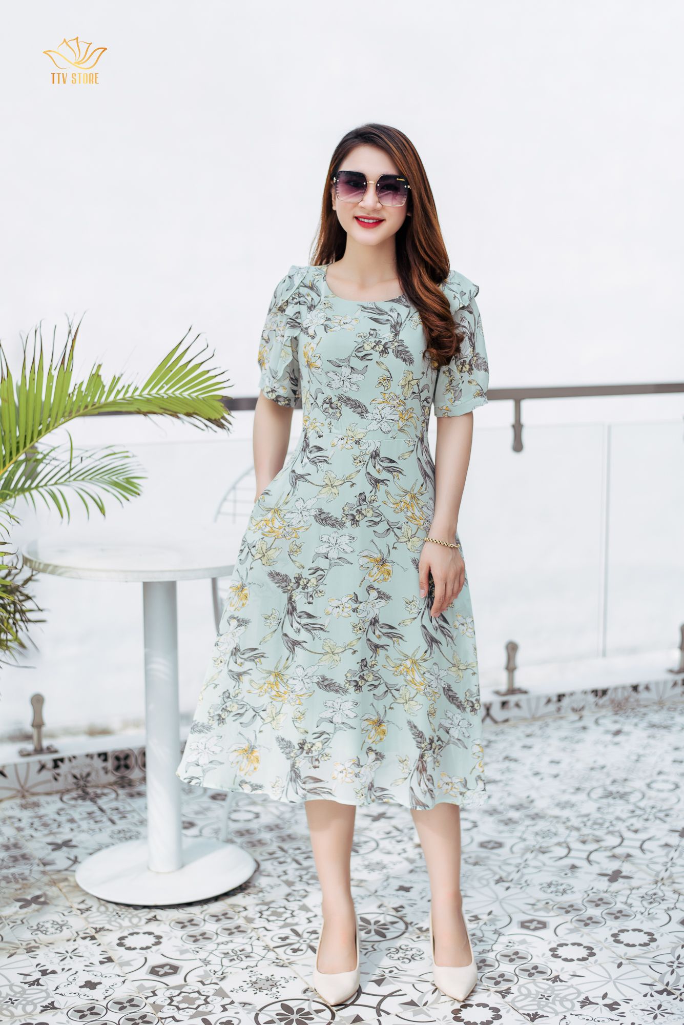 Đầm xoè - Cổ tròn tay phối bèo - CV - Xanh hoa - TTV1081