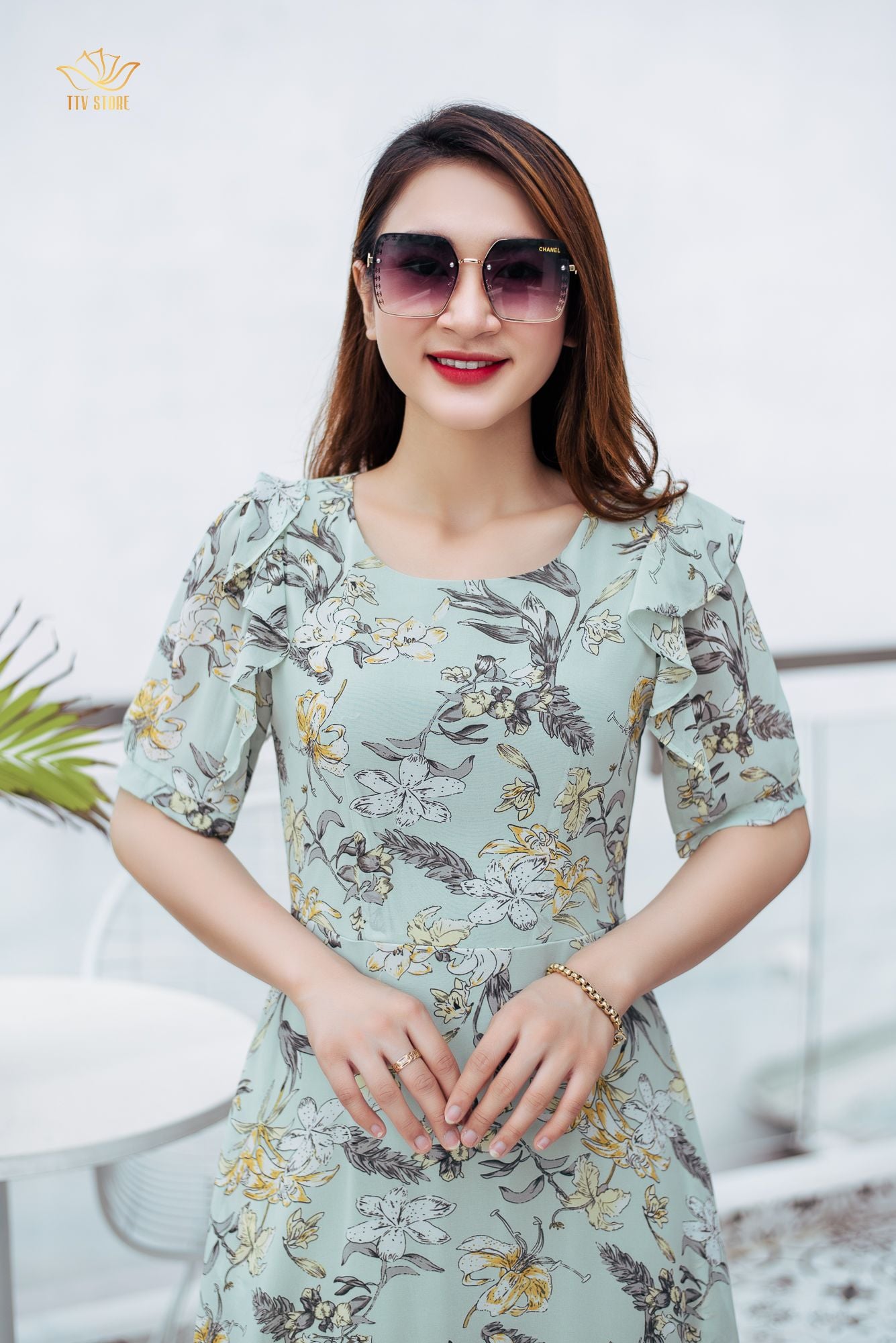 Đầm xoè - Cổ tròn tay phối bèo - CV - Xanh hoa - TTV1081