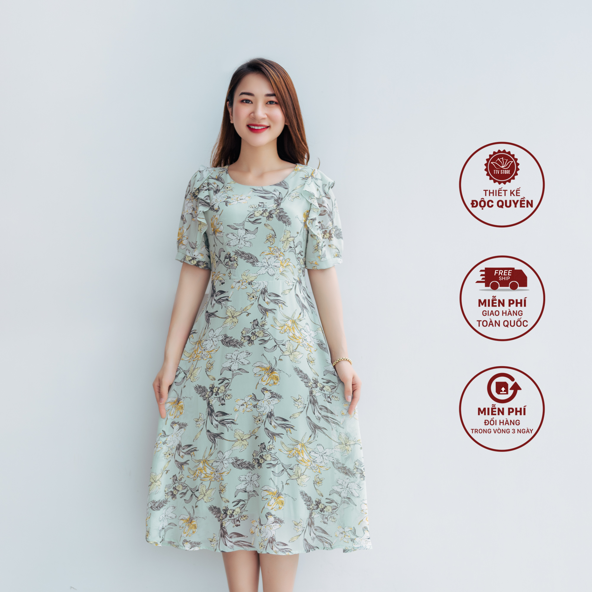 Đầm xoè - Cổ tròn tay phối bèo - CV - Xanh hoa - TTV1081