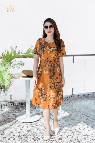 Đầm suông - Cổ tròn tay ngắn - CD - Vàng hoa - TTV1159