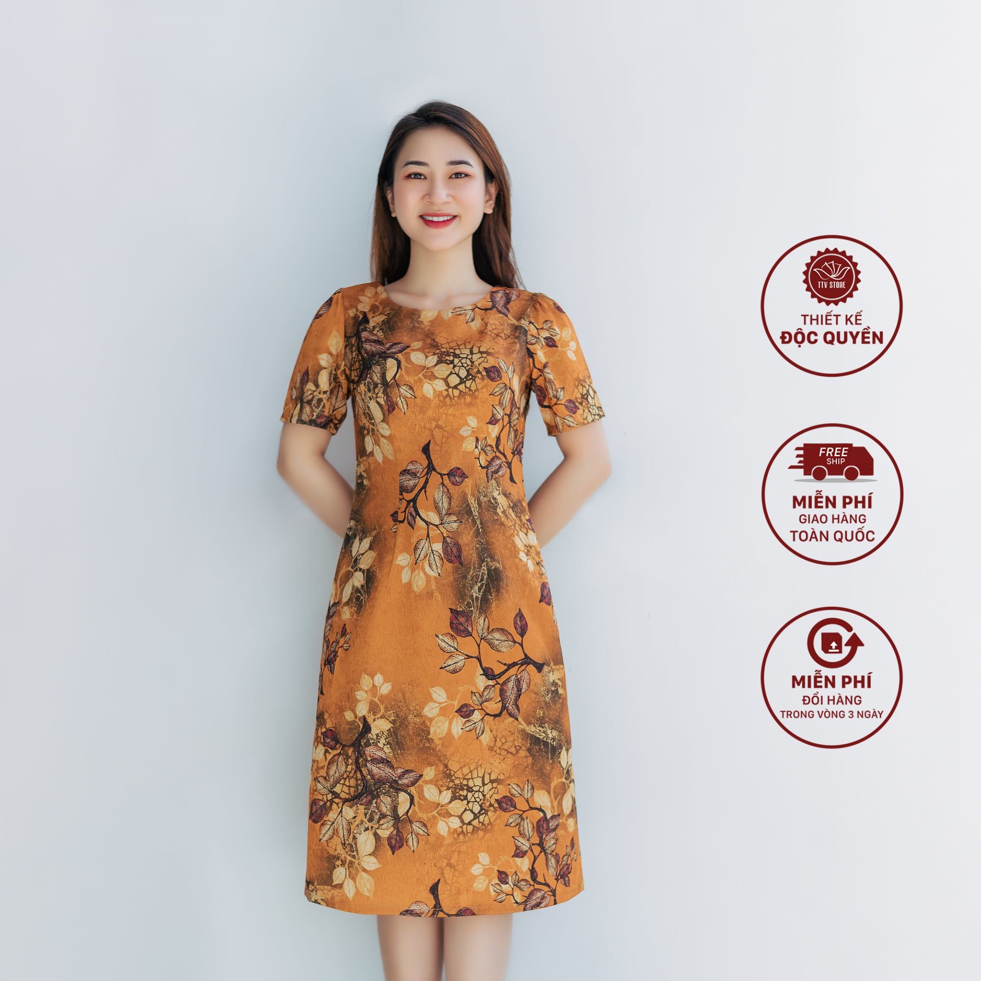 Đầm suông - Cổ tròn tay ngắn - CD - Vàng hoa - TTV1159