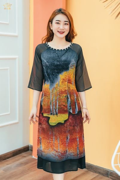 Áo dài cách tân - Cổ tròn kết ngọc tay lỡ - CD - Đen họa tiết - TTV1382