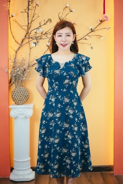 Đầm xòe - Cổ tim kết ngọc tay cánh bướm - CD - Xanh hoa trắng - TTV1635