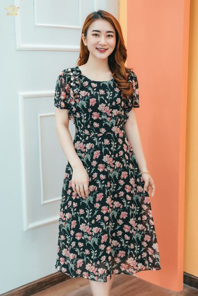 Đầm xòe - Cổ tròn bèo kết ngọc tay ngắn - CT - Đen hoa hồng - TTV1338