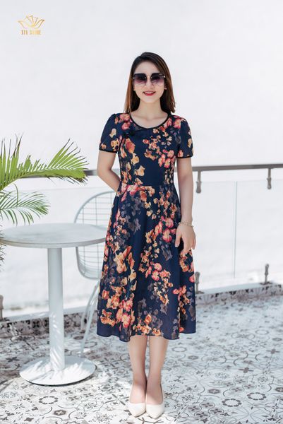 Đầm xoè - Cổ tròn tay ngắn - CD - Xanh đen hoa - TTV1109
