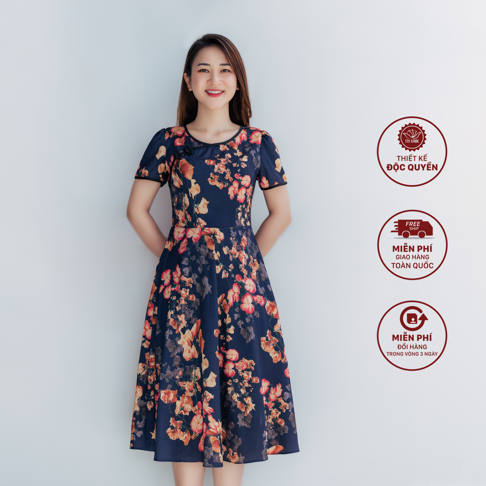 Đầm xoè - Cổ tròn tay ngắn - CD - Xanh đen hoa - TTV1109