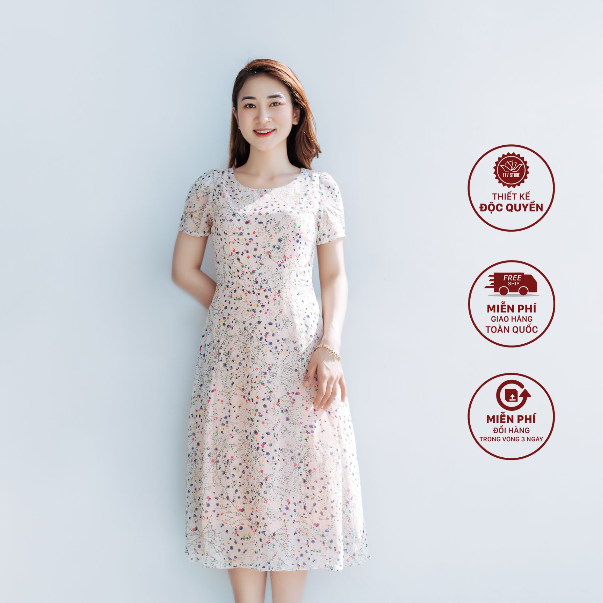 Đầm xoè - Cổ tròn tay ngắn - CT - Kem hoa nhí - TTV1089 *