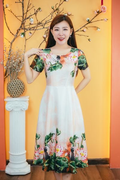 Đầm xòe - Cổ tròn tay ngắn - CD - Kem hoa - TTV1673