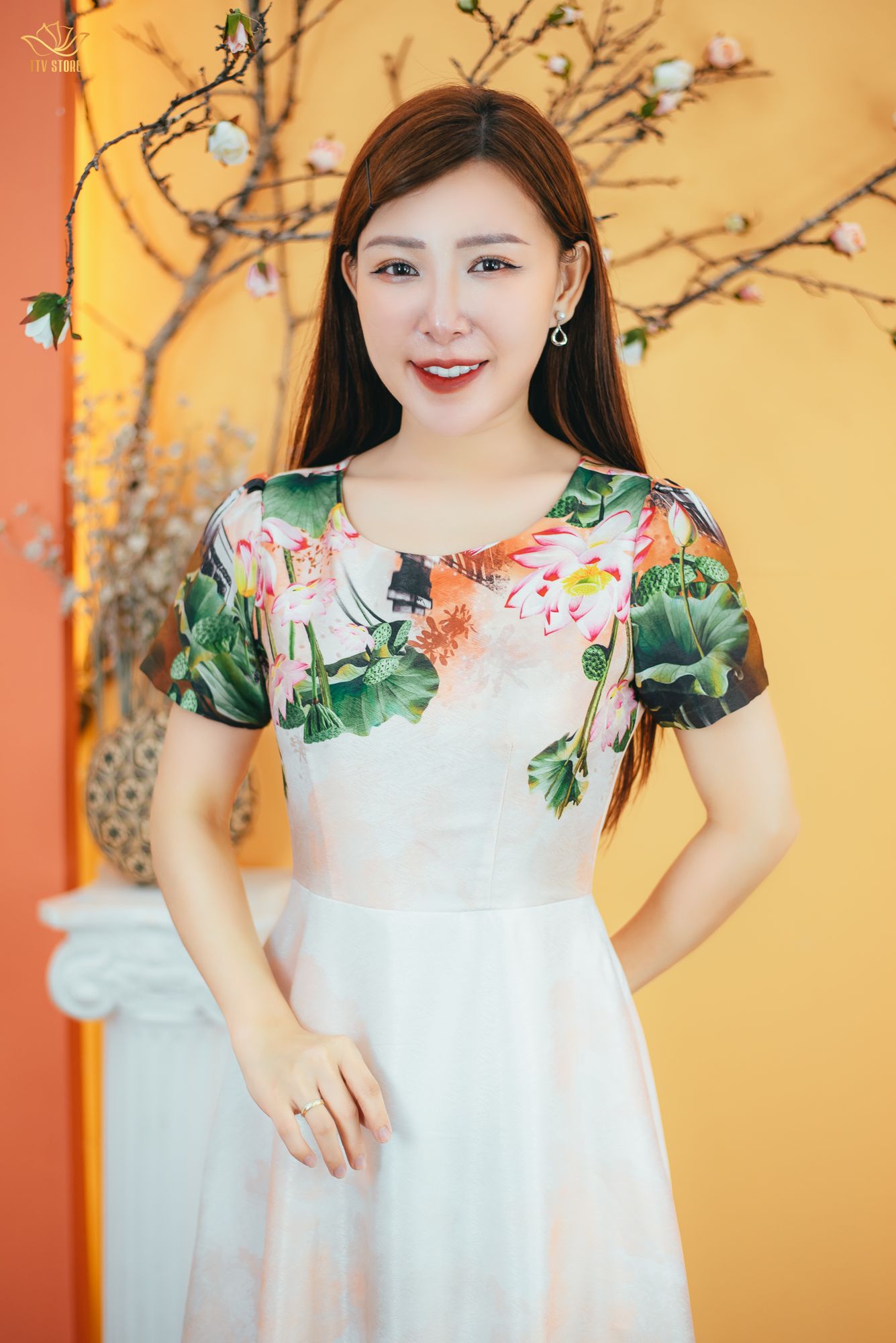 Đầm xòe - Cổ tròn tay ngắn - CD - Kem hoa - TTV1673