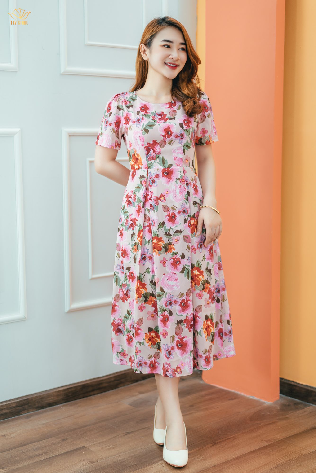 Đầm xòe - Cổ tròn tay ngắn - AH - Hồng hoa cam - TTV1395