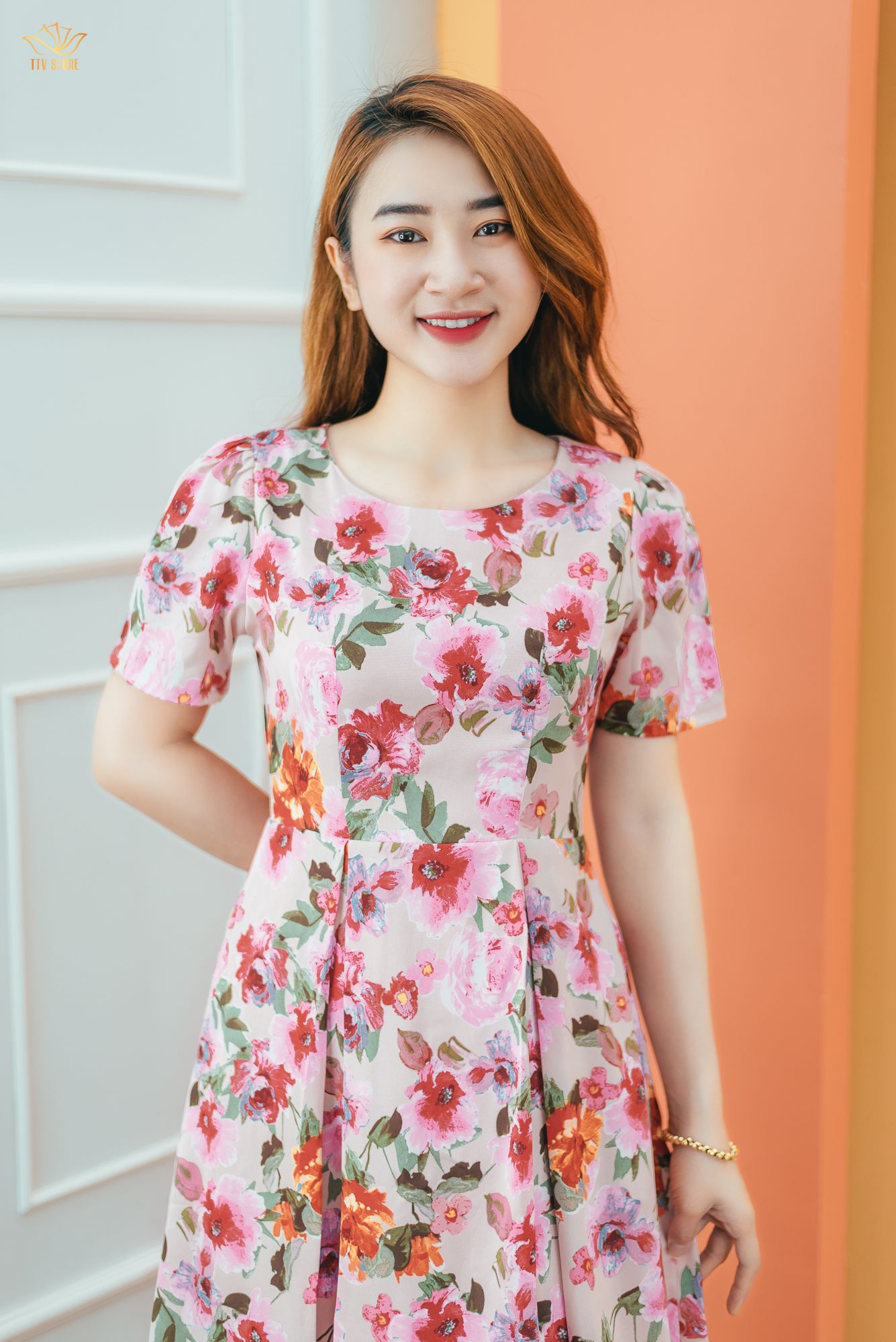 Đầm xòe - Cổ tròn tay ngắn - AH - Hồng hoa cam - TTV1395