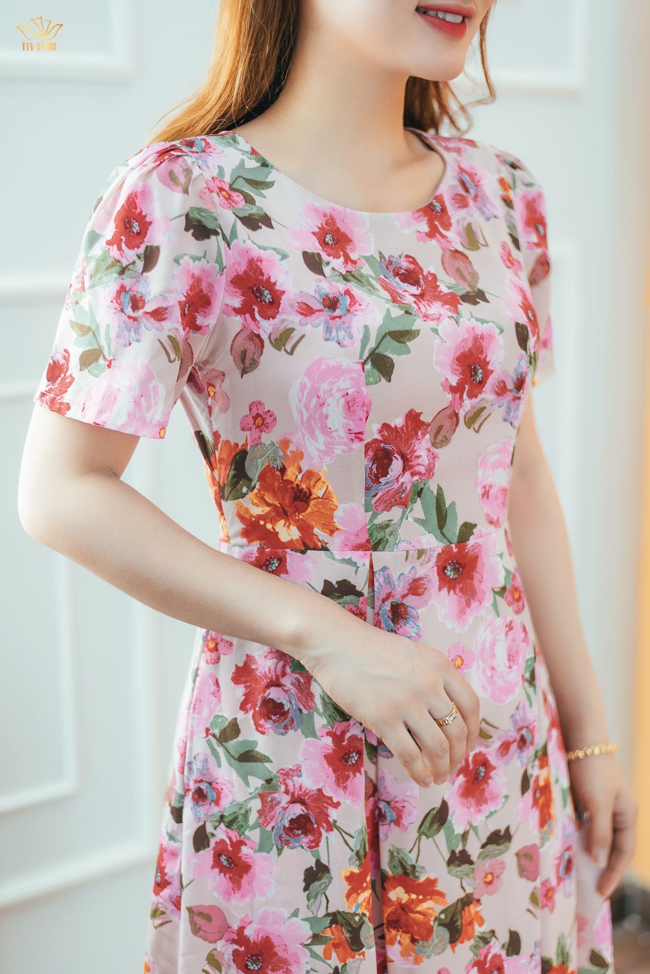 Đầm xòe - Cổ tròn tay ngắn - AH - Hồng hoa cam - TTV1395