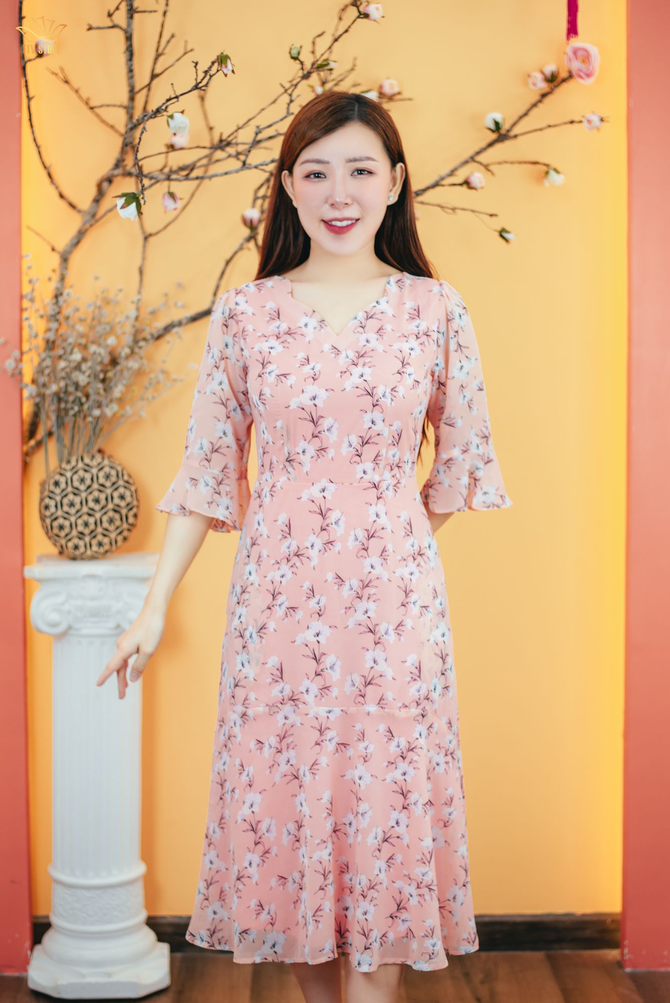 Đầm maxi - Cổ tim sóng nước tay chuông - CV - Cam hoa - TTV1662