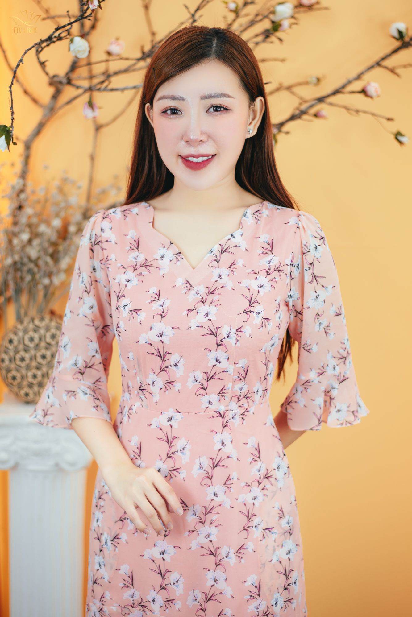 Đầm maxi - Cổ tim sóng nước tay chuông - CV - Cam hoa - TTV1662