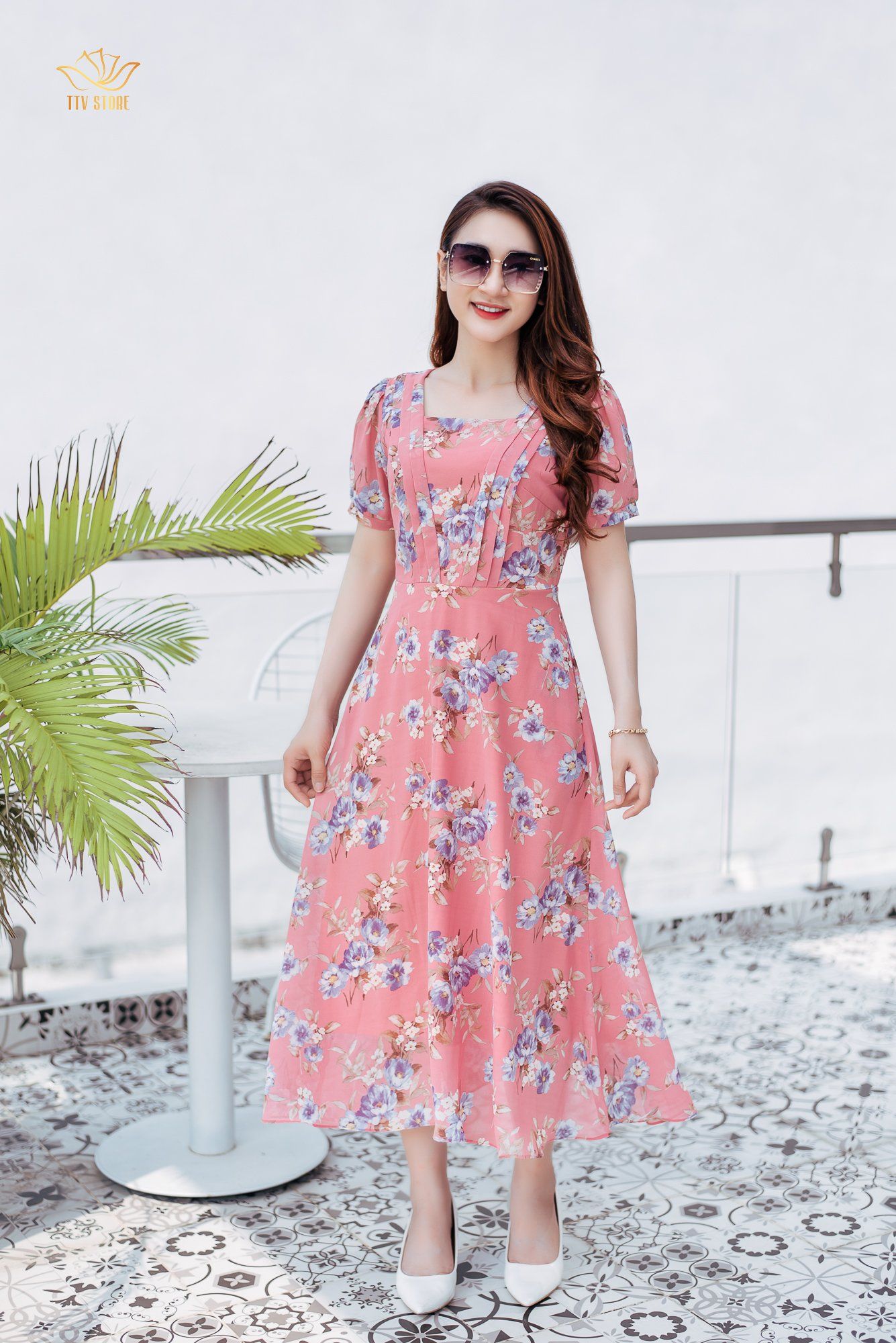 Maxi - Cổ vuông tay bo - CT - Hồng hoa xanh - TTV1104