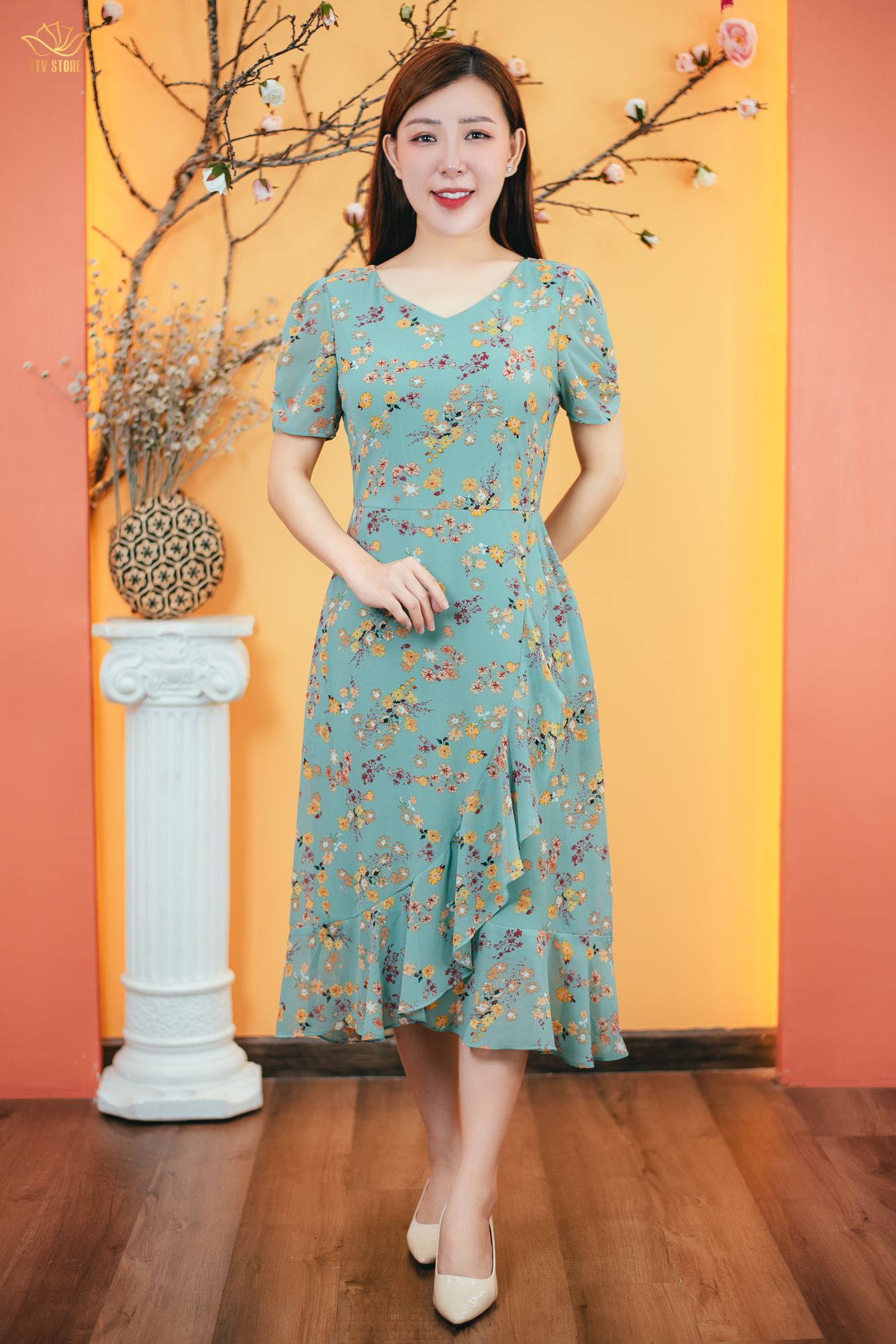 Đầm form A - Cổ tim tay ngắn - CT - Xanh hoa - TTV1636