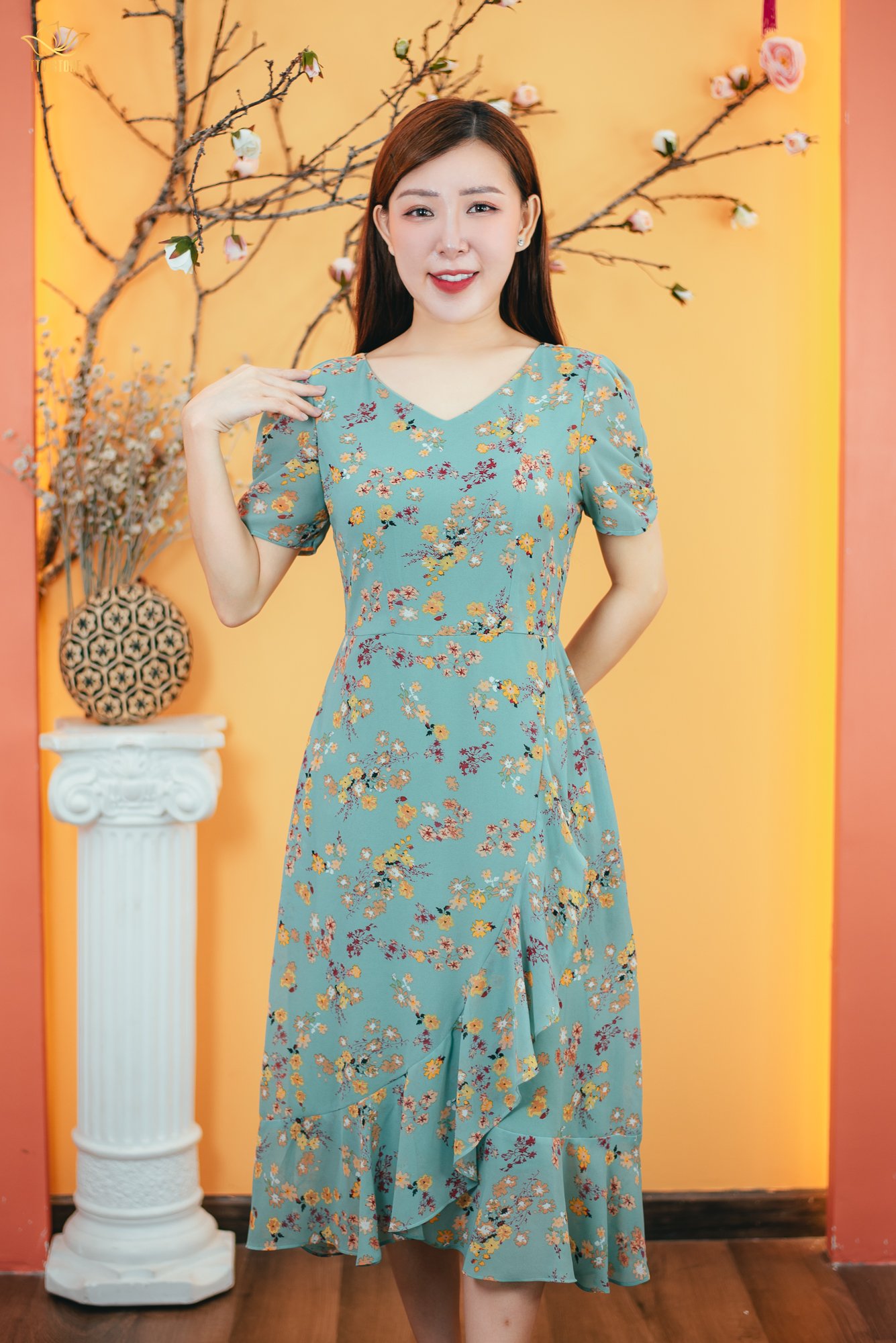 Đầm form A - Cổ tim tay ngắn - CT - Xanh hoa - TTV1636