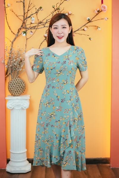 Đầm form A - Cổ tim tay ngắn - CT - Xanh hoa - TTV1636