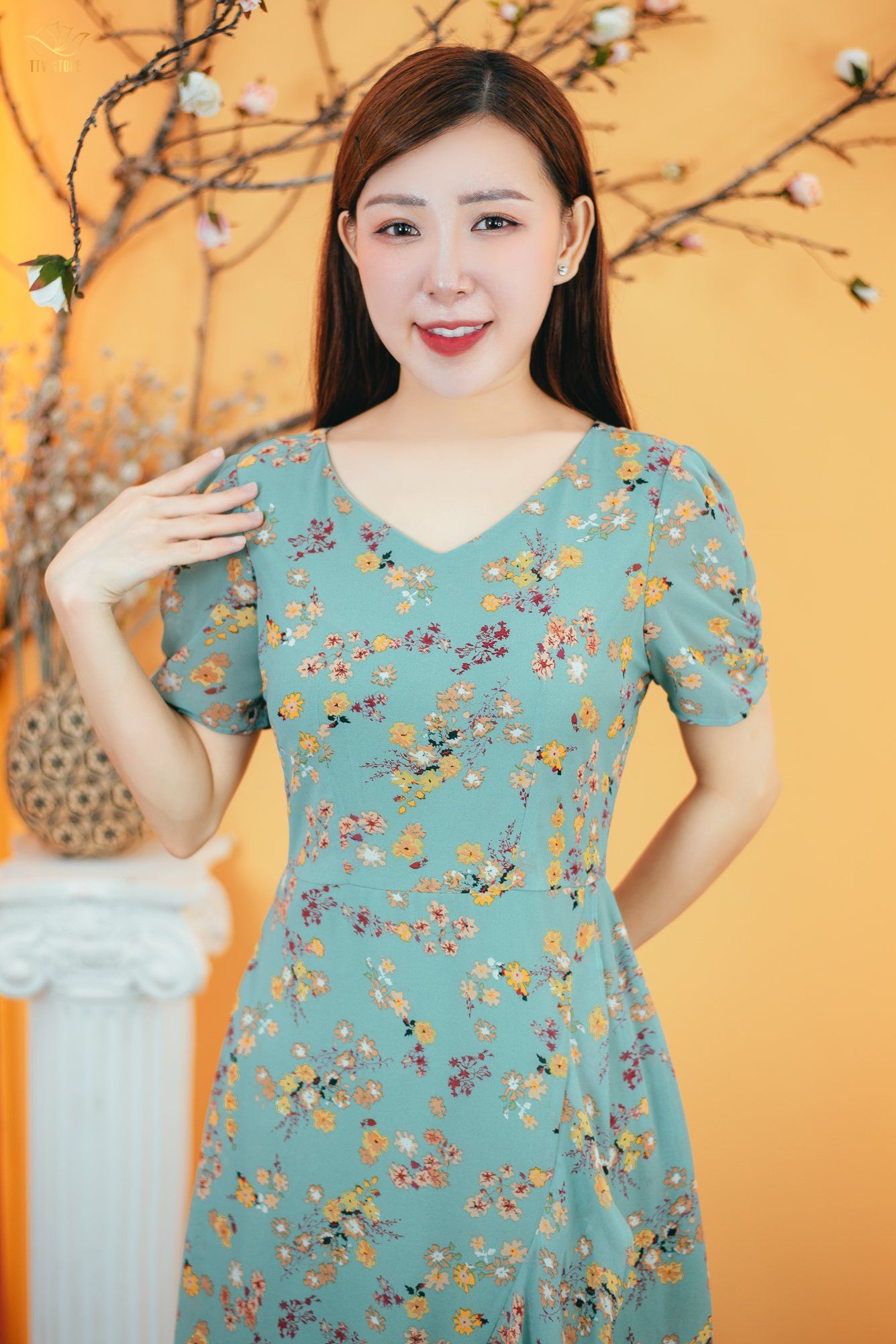 Đầm form A - Cổ tim tay ngắn - CT - Xanh hoa - TTV1636