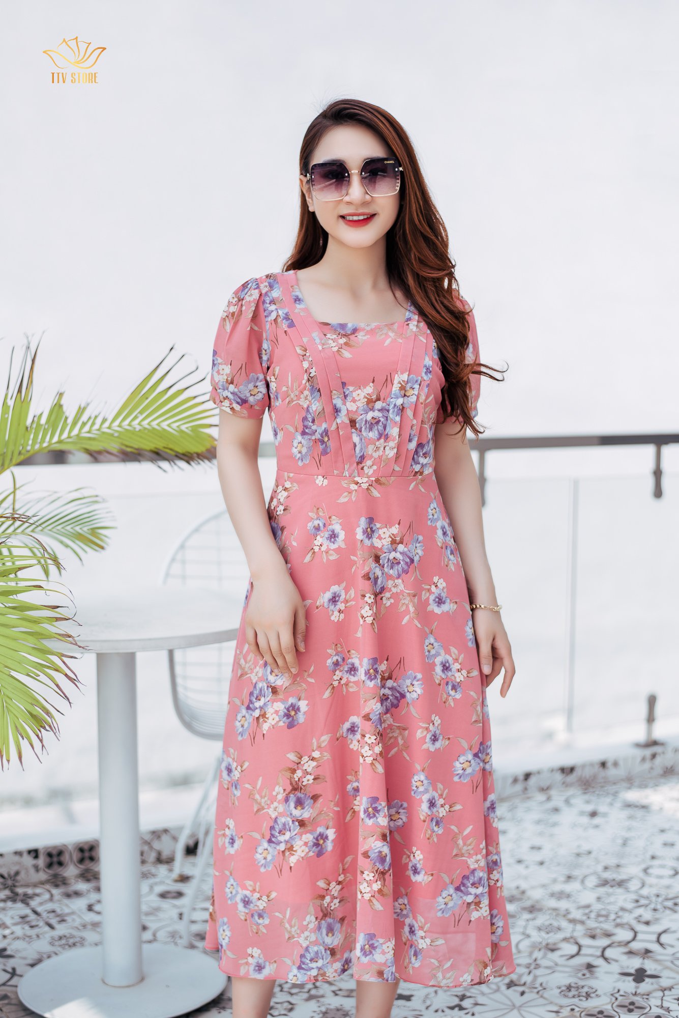 Maxi - Cổ vuông tay bo - CT - Hồng hoa xanh - TTV1104