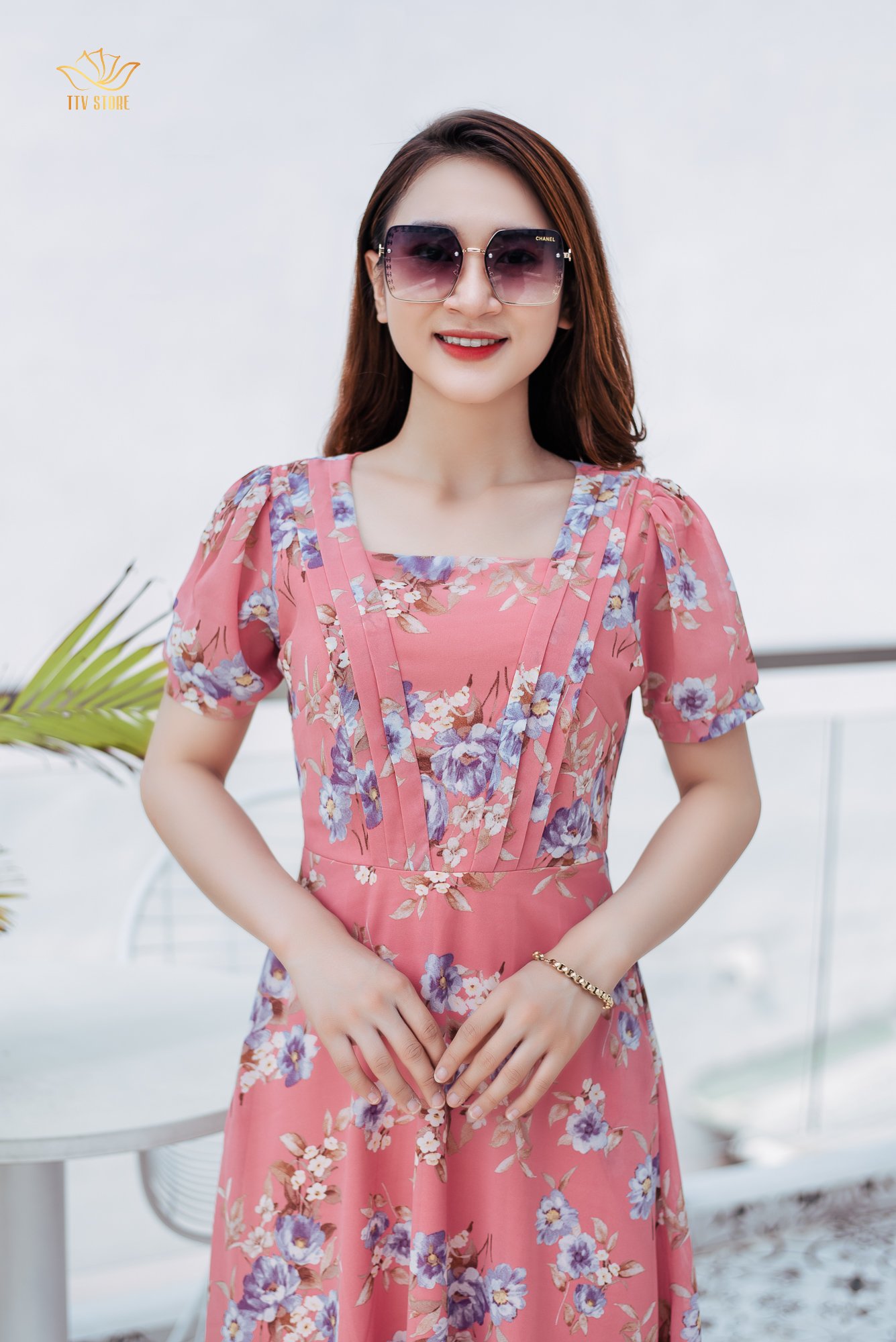 Maxi - Cổ vuông tay bo - CT - Hồng hoa xanh - TTV1104