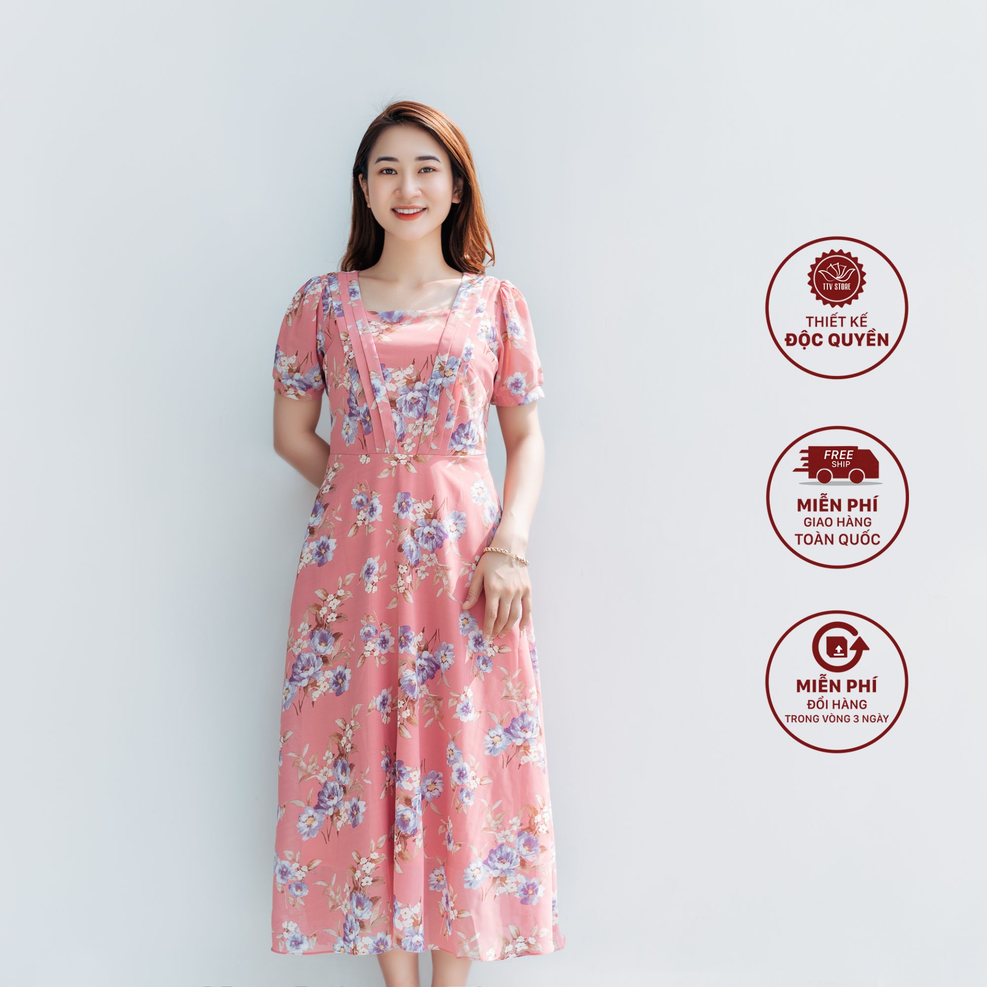 Maxi - Cổ vuông tay bo - CT - Hồng hoa xanh - TTV1104