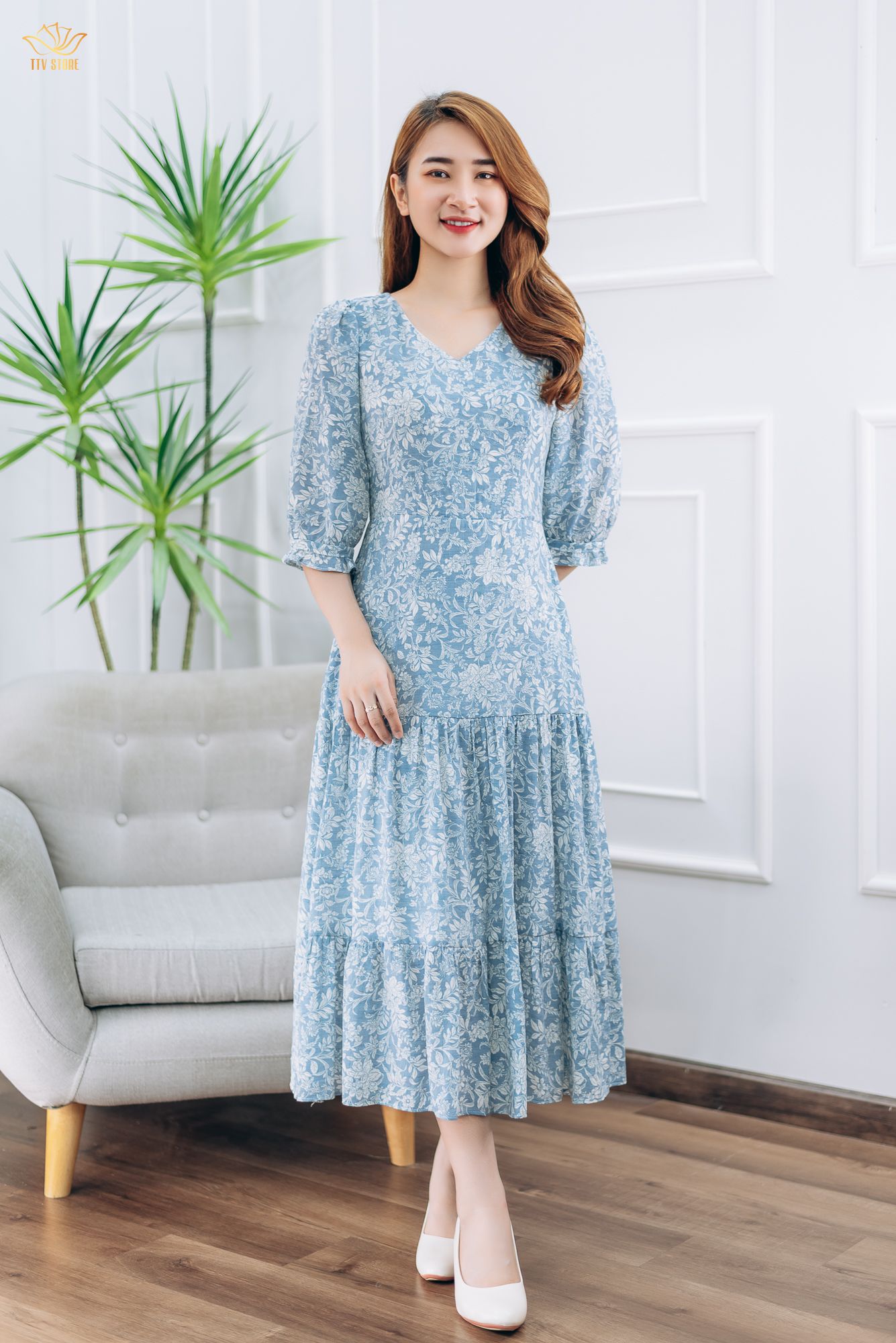 Đầm maxi - Cổ tim tay lỡ - CD - Xanh hoa trắng - TTV1396